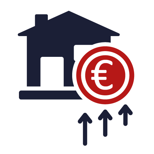 Haus mit einer Geldmünze und 3 nach oben zeigenden Pfeilen