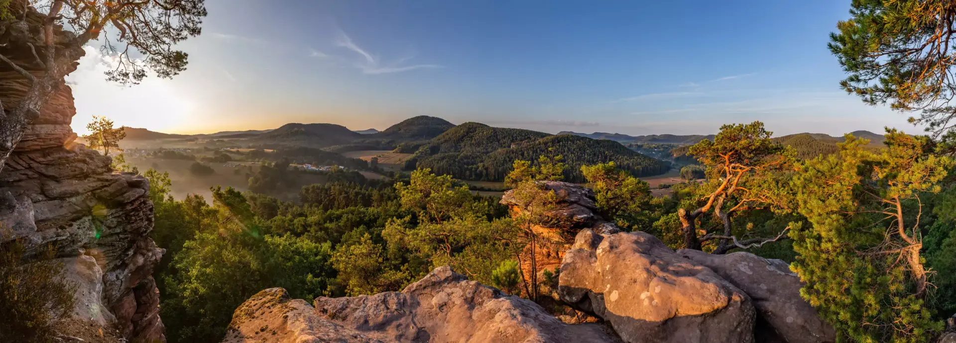 Felsenland Dahn Panorama vom Dahner Felsenland bei Sonnenaufgang. Rheinland-Pfalz, Deutschland