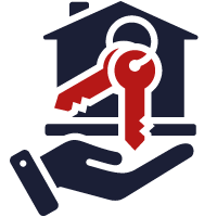 Vektorgrafik eines Hauses im Hintergrund, im Vordergrund eine offene Hand, die einen Schlüssel auffängt