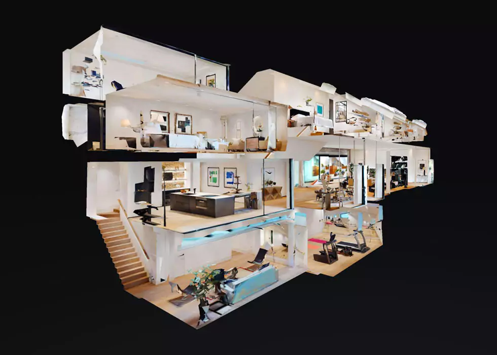 3-D Ansicht Multifunktionsgebäude 3-D Ansicht eines Haus mit 3 Etagen und mehreren Räumen mit unterschiedlicher Ausstattung